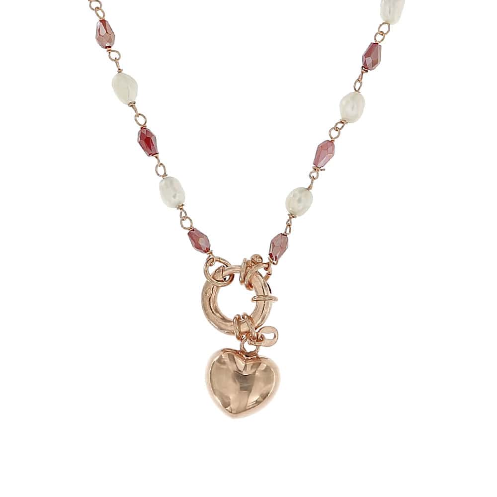 Collana Pietre e Perle con Cuore in Argento Rosé