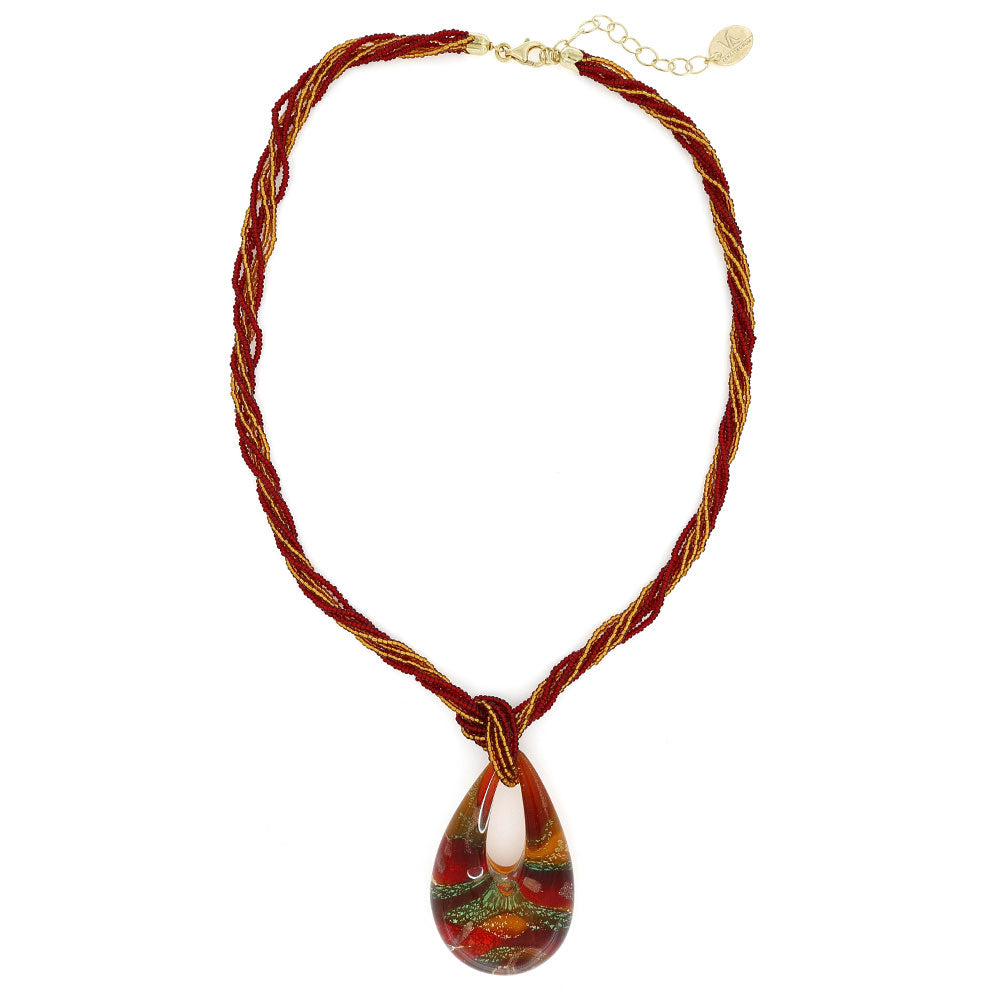 Collana conterie Rosse e Oro con pendente in vetro di Murano a goccia Rossa | linea Italia