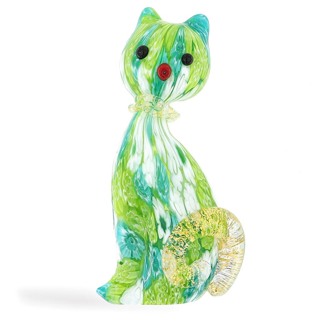 Scultura Gatto vetro di Murano con murrine verdi