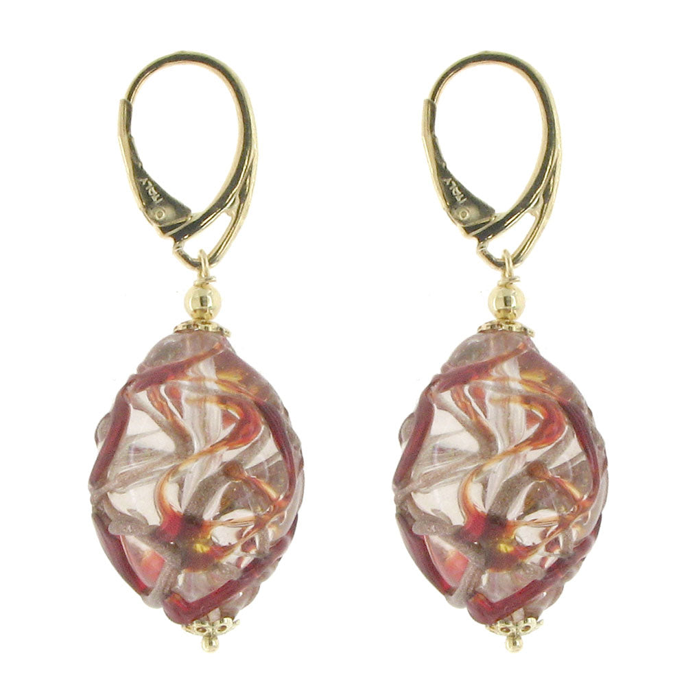 Orecchini Pendenti In Vetro Di Murano Con Gocce D'Oro - Rosso, Autentici Fatti A Mano - 4