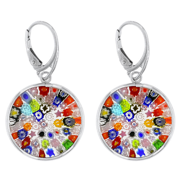 Glass Of Venice – Orecchini Pendenti In Vetro Di Murano Millefiori, Rotondi, Multicolore, Con Cornice E Gancio In Argento 925 – 10 Mm