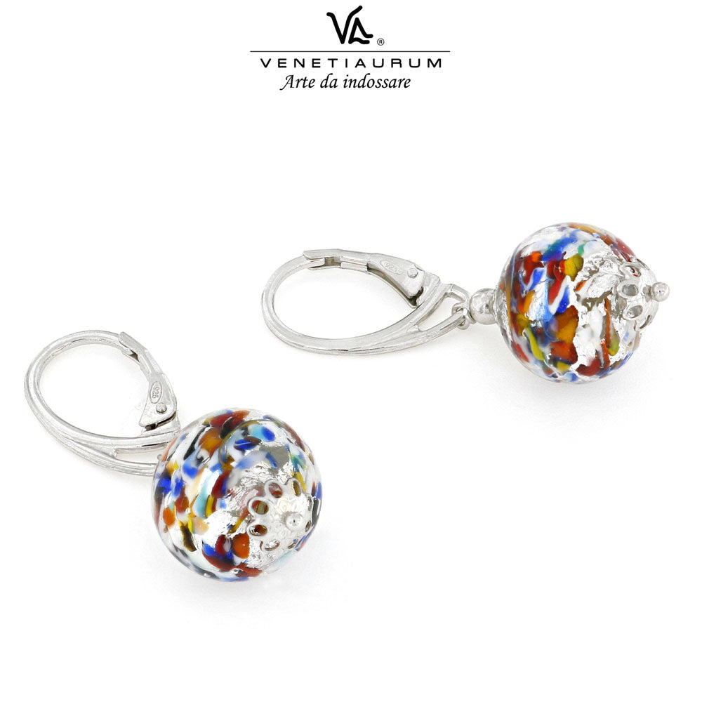 Orecchini A Goccia In Vetro Di Murano Autentico - Coriandoli Argento E Multicolor