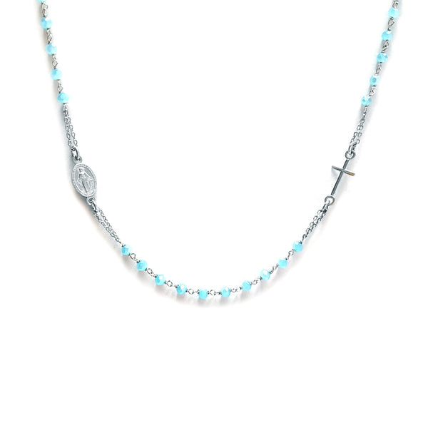 Collana rosario argento rodiato e pietre Azzurre | linea Italia